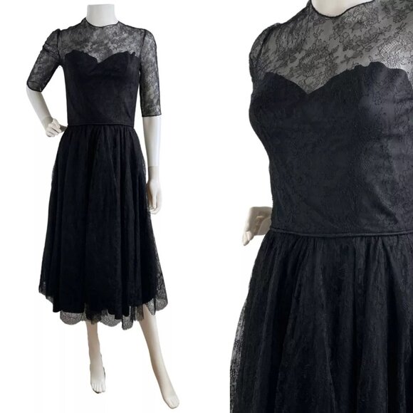 Vintage Dresses & Skirts - Vintage 1950s Black Dress Lace Crinoline Fit & Flare Special Occasion Size XS